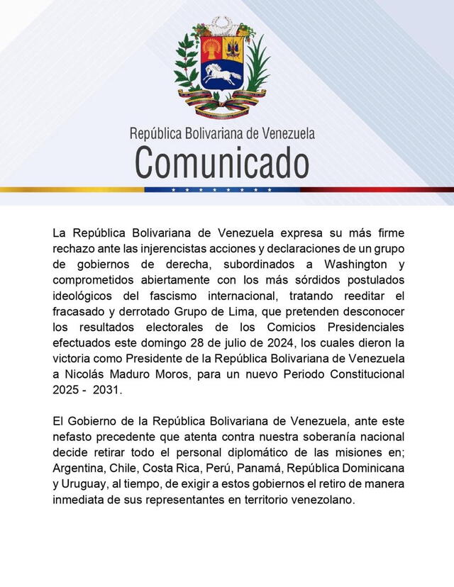 El Gobierno venezolano exigió a Argentina que retire a sus representantes tras no reconocer el fraude electoral de Nicolás Maduro. Foto: Gobierno de Venezuela 