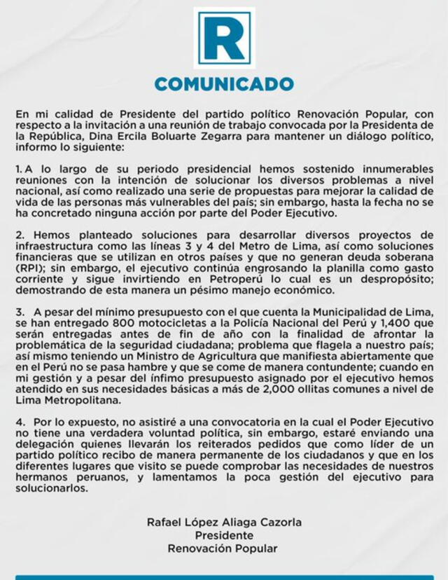  Comunicado de Prensa. | Foto: Renovación Popular / X. 