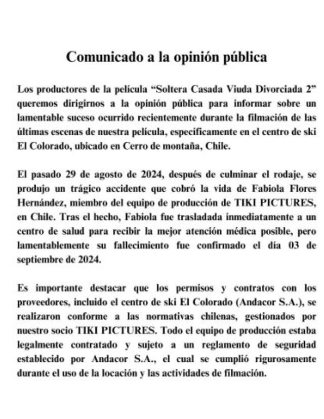 Comunicado de la productora de 'Soltera Casada Viuda Divorciada 2'. Foto: Instagram   