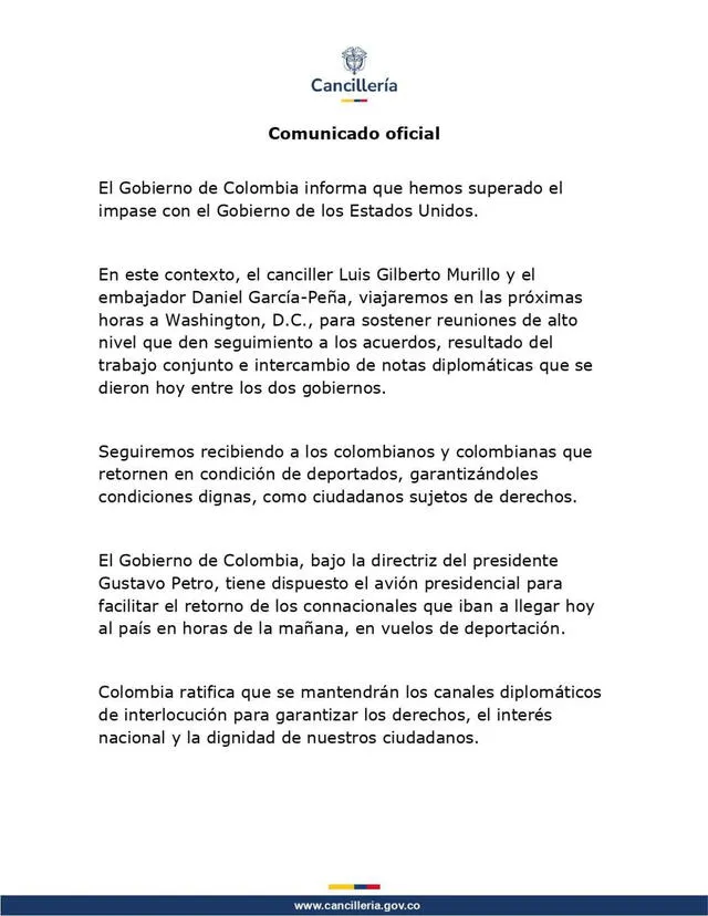 Comunicado oficial de la cancillería de Colombia. Foto: @CancilleriaCol/X   