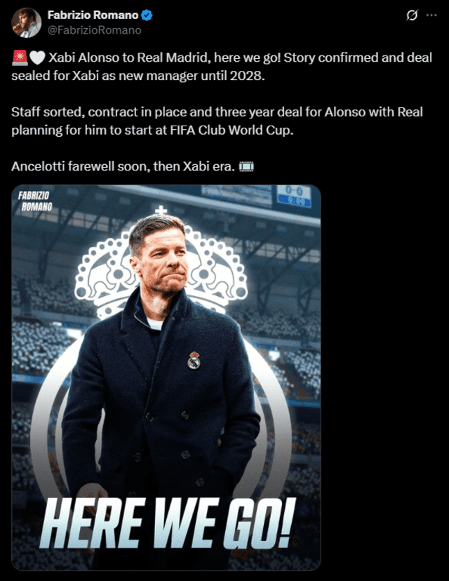 A falta de oficialización, Fabrizio Romano anunció que Xabi Alonso ya es nuevo DT del Real Madrid. Foto: captura de X A falta de oficialización, Fabrizio Romano anunció que Xabi Alonso ya es nuevo DT del Real Madrid. Foto: captura de X
