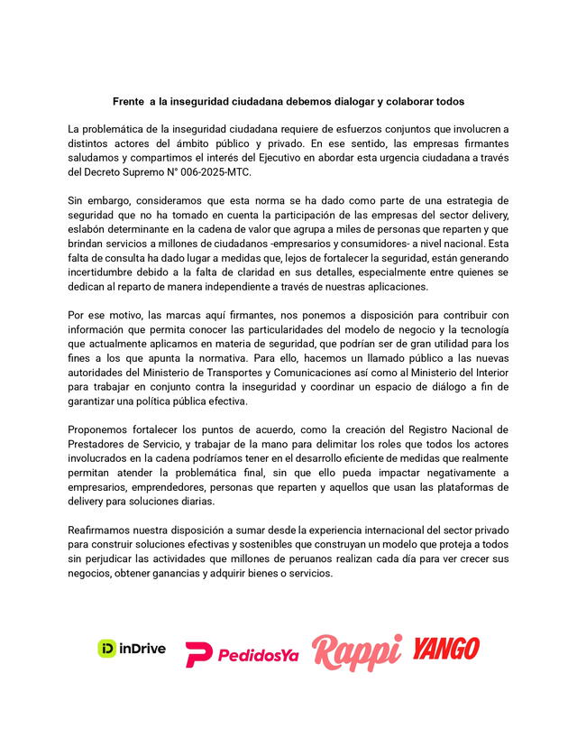 Comunicado de los motorizados. Foto: Industria del delivery Comunicado de los motorizados. Foto: Industria del delivery