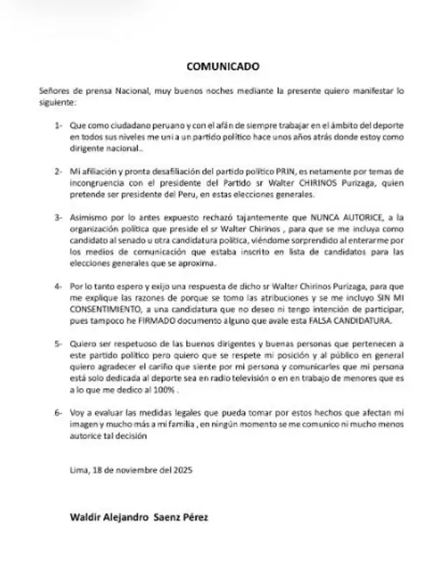 Comunicado de Waldir Sáenz. Foto: difusión.   