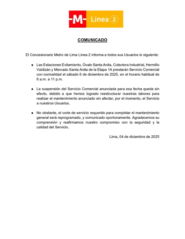  Comunicado de La Línea 2. Foto: Difusión   