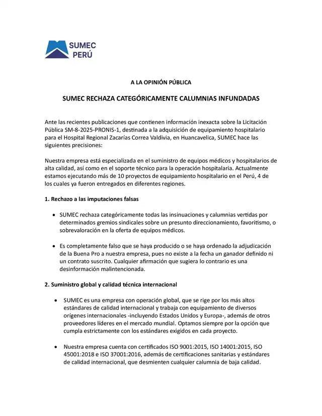 Primera página del pronunciamiento de SUMEC el 8 de diciembre 2025