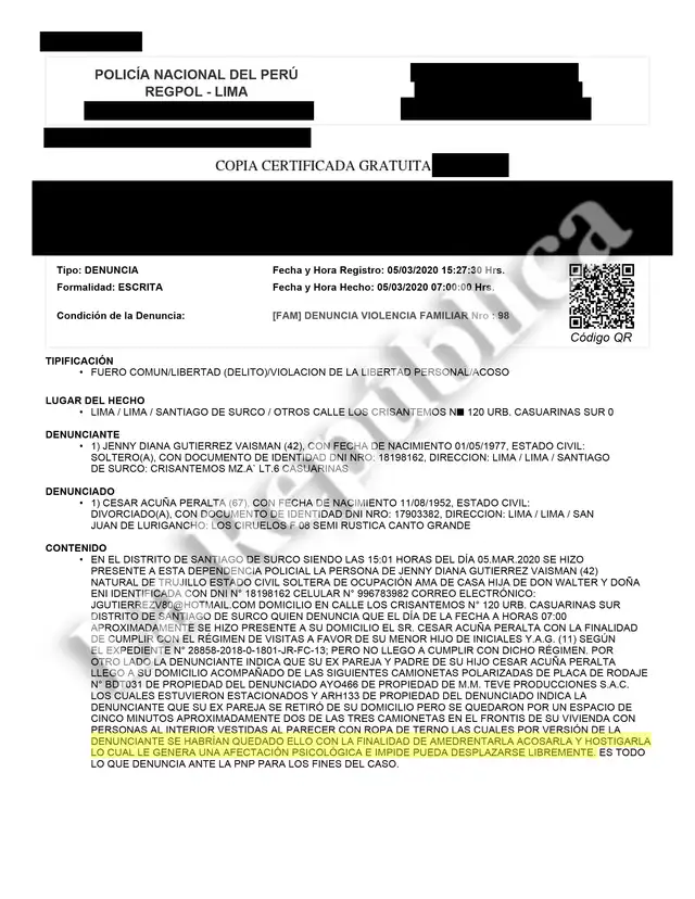 Denuncia contra César Acuña del 5 de marzo de 2020. Foto: La República   