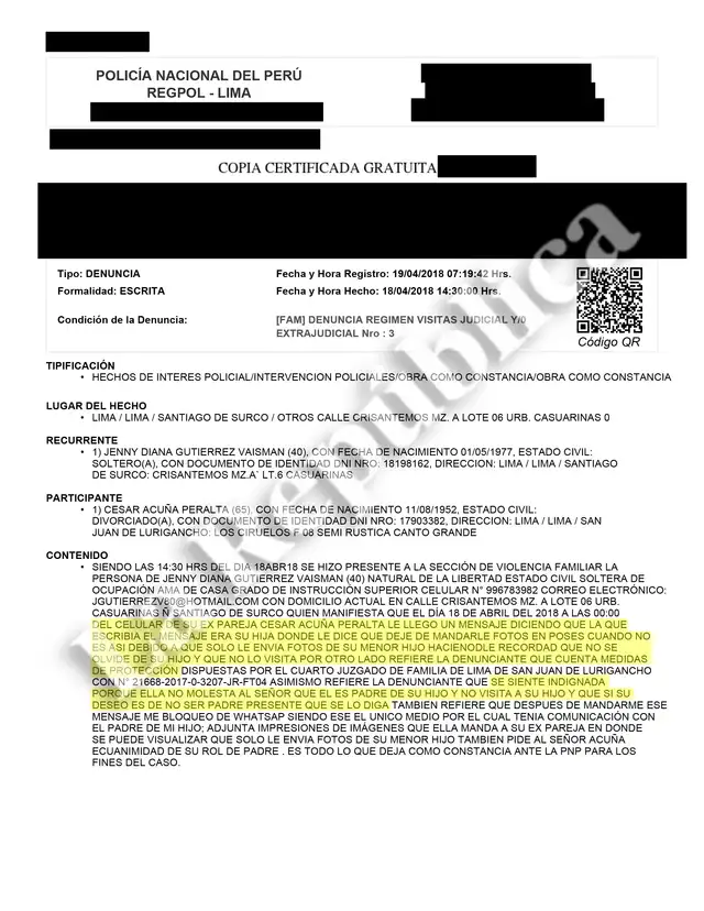 Denuncia contra César Acuña del 19 de abril de 2018   