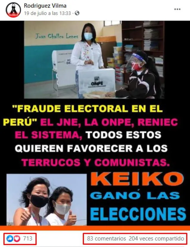 Imagen viralizada en Facebook que asegura que Keiko Fujimori ganó las elecciones. FOTO: Descarga de Facebook.