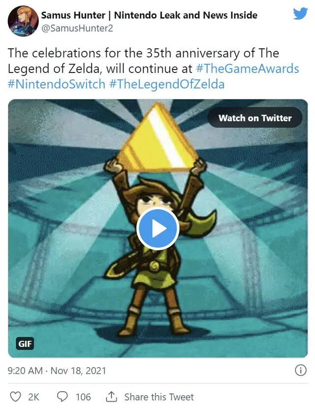 Según insider de Nintendo, la gala tendría programado algo especial por el 35 aniversario de la saga de Link. Foto: Twitter