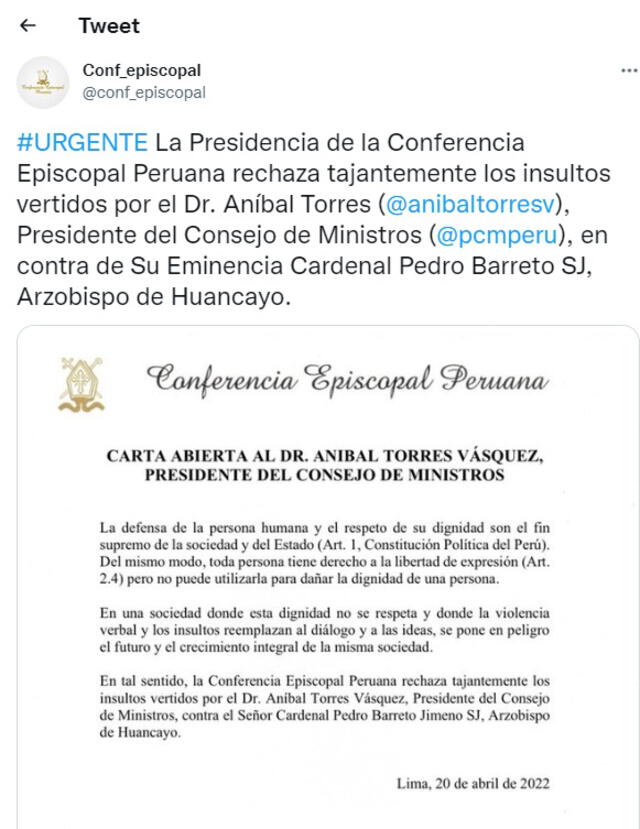 La Presidencia de la Conferencia Episcopal Peruana también se pronunció en contra de los insultos de Aníbal Torres.
