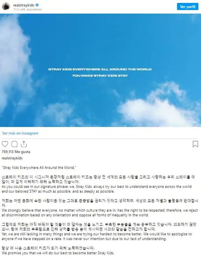 Publicación de Stray Kids sobre Black Lives Matter. Foto: Instagram