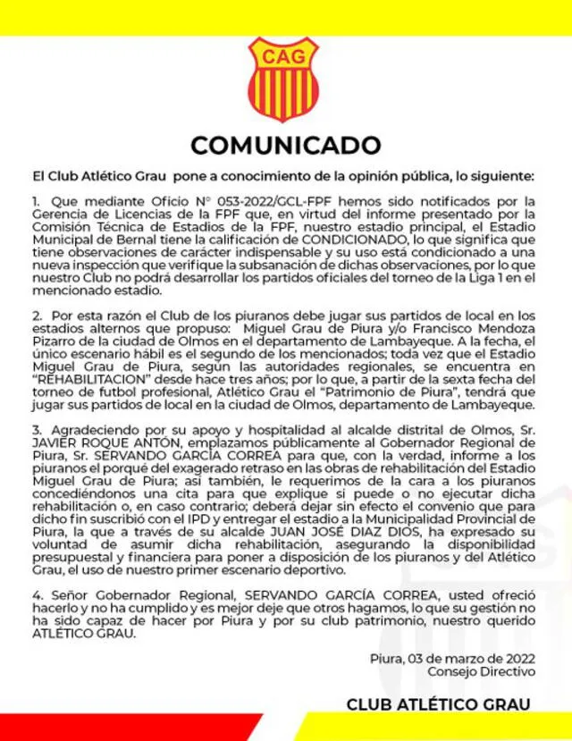 Comunicado de Atlético Grau sobre el Estadio Municipal de Bernal. Foto: Atlético Grau Comunicado de Atlético Grau sobre el Estadio Municipal de Bernal. Foto: Atlético Grau