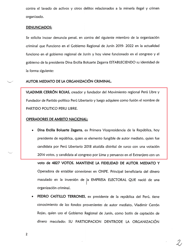  El escrito Denuncia ante la Fiscalía apunta a Vladimir Cerrón, líder de Perú Libre, y a la actual presidenta Dina Boluarte. Foto: difusión  