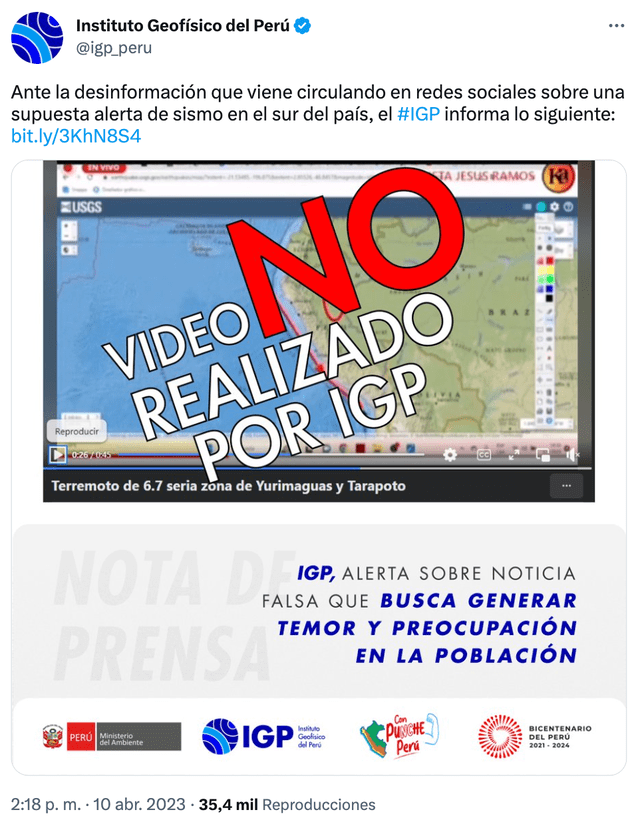 Publicación del IGP en Twitter sobre video con falsa información. Foto: captura LR/Twitter   