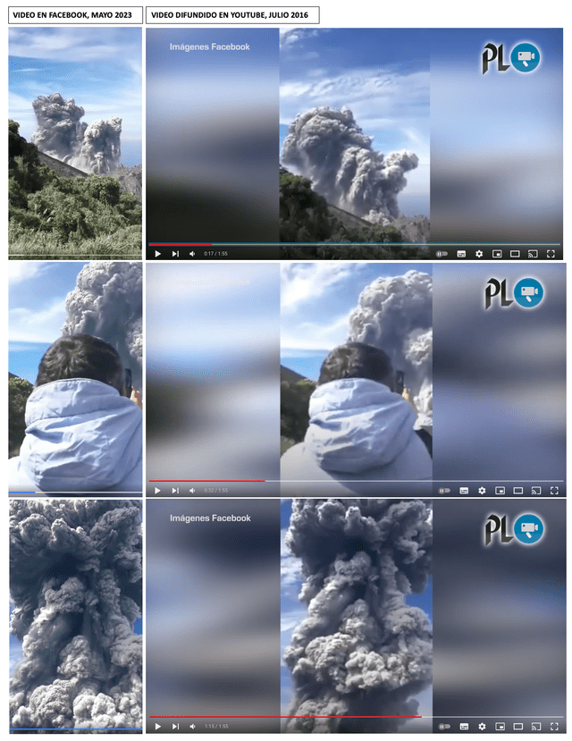 Comparación entre video actual en redes sociales (izquierda) y clip de la erupción de volcán en Guatemala en el año 2016 (derecha). Foto: composición LR/Facebook/YouTube.   