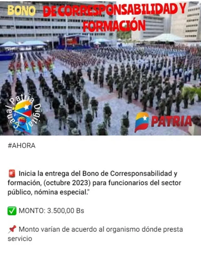 El Bono Corresponsabilidad y Formación es uno de los últimos subsidios pagados por el gobierno en el mes. Foto: Canal Patria Digital   