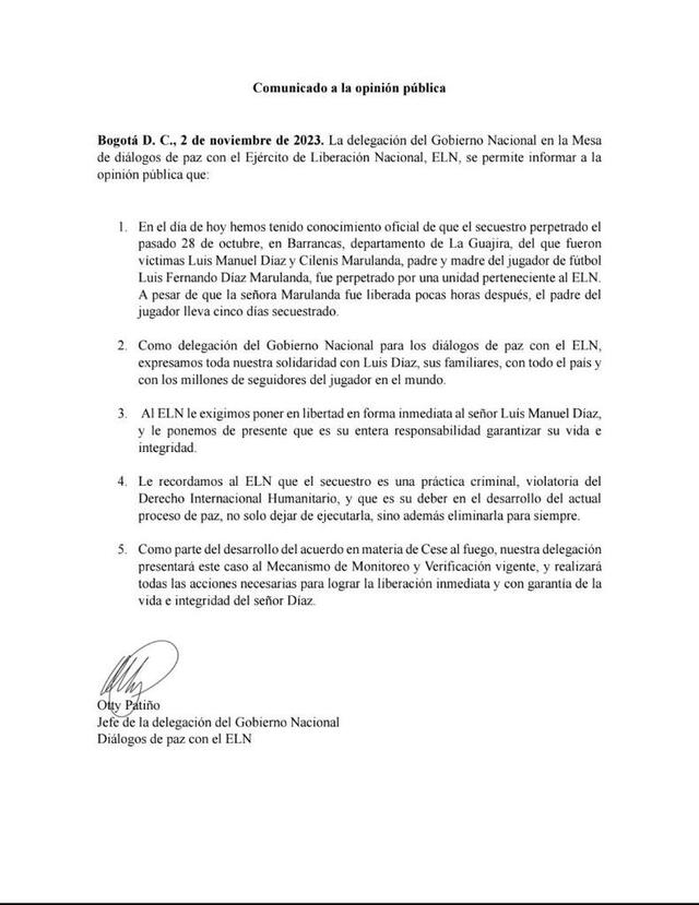 Comunicado del Gobierno Nacional de Colombia. <strong>Foto: captura</strong>   