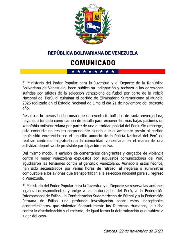 Ministerio del Poder Popular para la Juventud y el Deporte de la República Bolivariana de Venezuela Gobierno de Venezuela | rechaza ataques de xenofobia en Perú: Inaceptables acontecimientos que violan los DDHH | Perú vs Venezuela | Nicolás Maduro | venezolanos en Lima | juego de la Vinotinto | próximos juegos de la Vinotinto | eliminatorias sudamericanas 2026 | agresión en eliminatorias | VIDEO