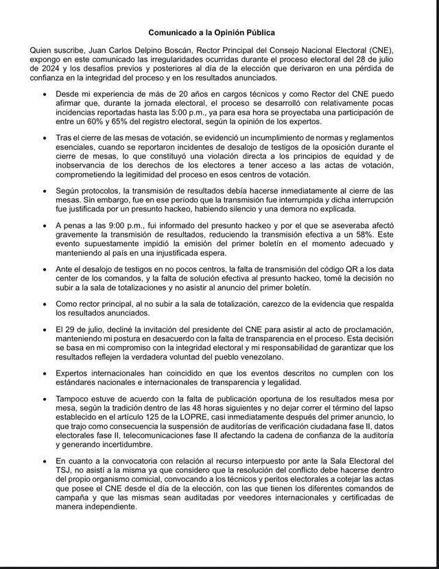 Es es el comunicado que compartió Delpino sobre el proceso electoral en Venezuela. Foto: Juan C. Delpino/ X