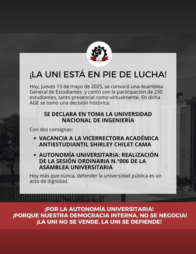 La Asociación de Centros de Estudiantes de la UNI declaran toma de la universidad. La Asociación de Centros de Estudiantes de la UNI declaran toma de la universidad.