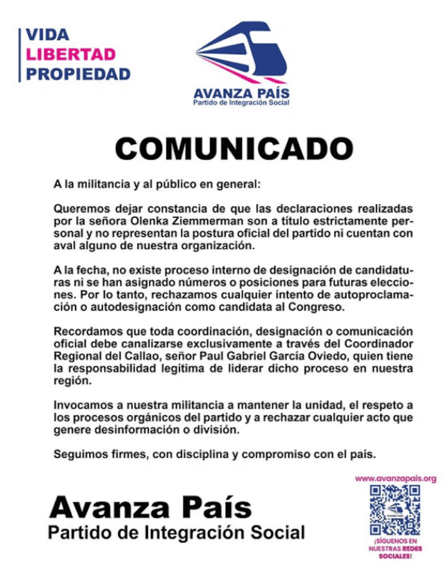 Avanza País desmiente a Olenka Zimmermann con comunicado. Avanza País desmiente a Olenka Zimmermann con comunicado.