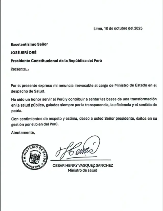 Carta de renuncia de César Vásquez al ministerio de Salud Carta de renuncia de César Vásquez al ministerio de Salud