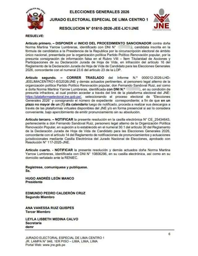  Norma Yarrow no habría consignado información sobre su participación en un empresa. Foto: JEE Lima Centro 1   