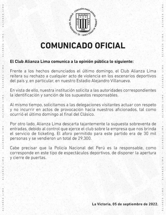 Pronunciamiento oficial de Alianza Lima