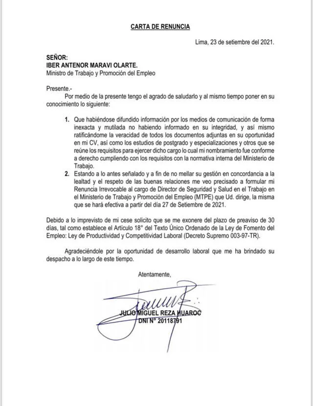 Renuncia de Julio Reza Huaroc al Ministerio de Trabajo. Foto: captura de Twitter