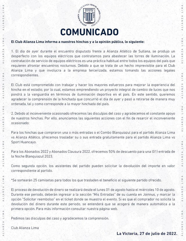 Comunicado de Alianza Lima sobre apagón en Matute. Foto: Alianza Lima