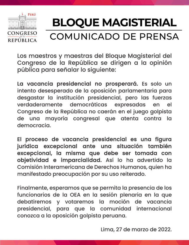 Bloque magisterial de Perú Libre rechaza uso reiterativo de la moción de vacancia. Foto: comunicado oficial