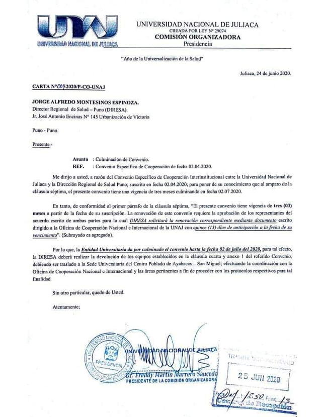 Carta enviada por la UNAJ a la Dirección Regional de Salud de Puno.