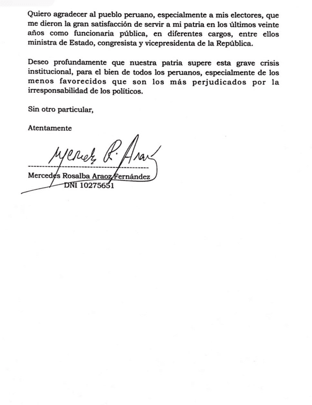 Carta de renuncia de Mercedes Aráoz. Foto: Twitter Mercedes Aráoz.