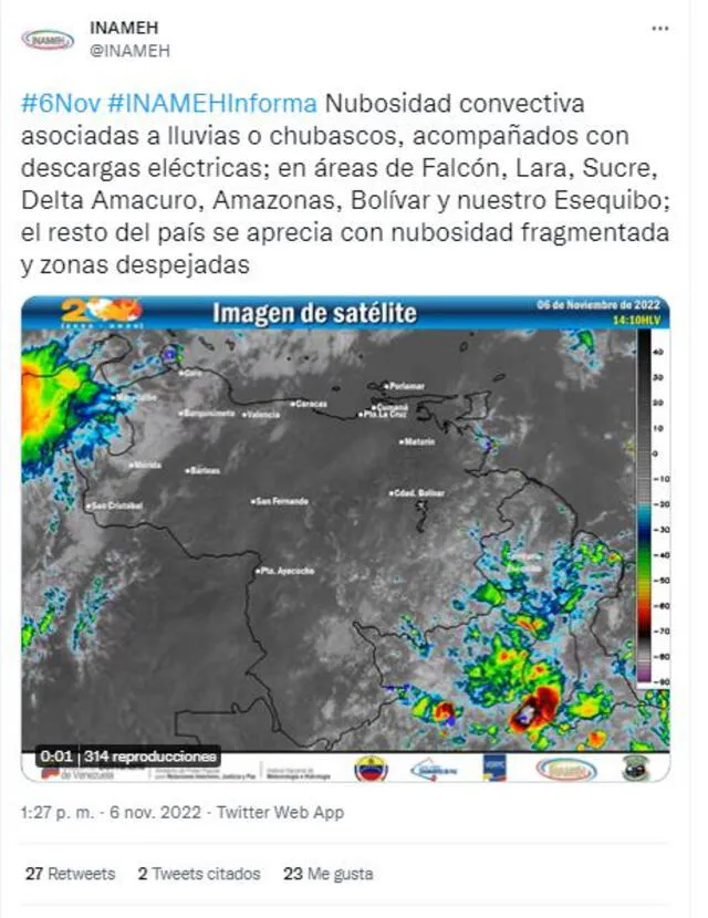 Inameh: pronóstico de hoy, domingo 6 de noviembre, para Venezuela. Foto: captura web/Twitter