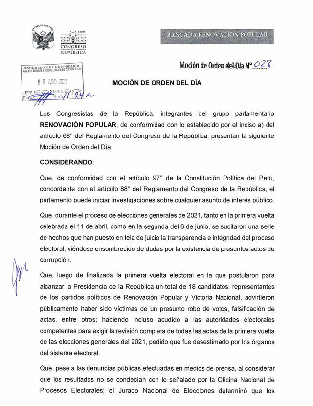 Moción presentada por Jorge Montoya, de Renovación Popular.