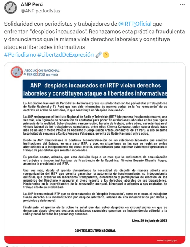  La ANP se pronunció sobre los despidos de Jorge Ballón y Ximena Carrasco. Foto: Captura de Twitter/ANP_periodistas   