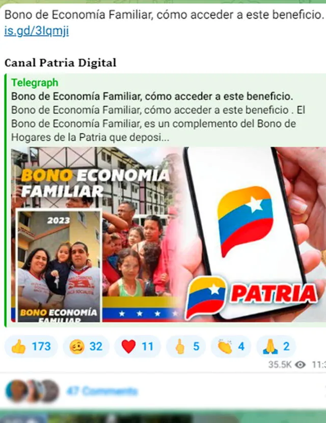 Canal Patria Digital informó del próximo pago del Bono Economía Familiar. Foto: composición LR/Telegram   