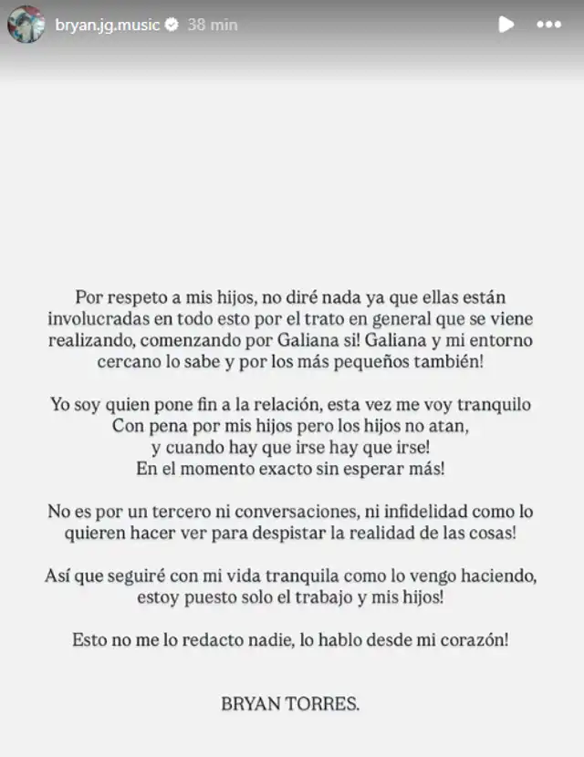Comunicado de Bryan Torres. Foto: Instagram Comunicado de Bryan Torres. Foto: Instagram