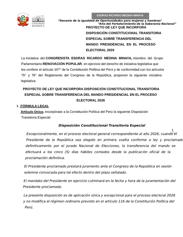 Proyecto de ley de Renovación Popular Proyecto de ley de Renovación Popular