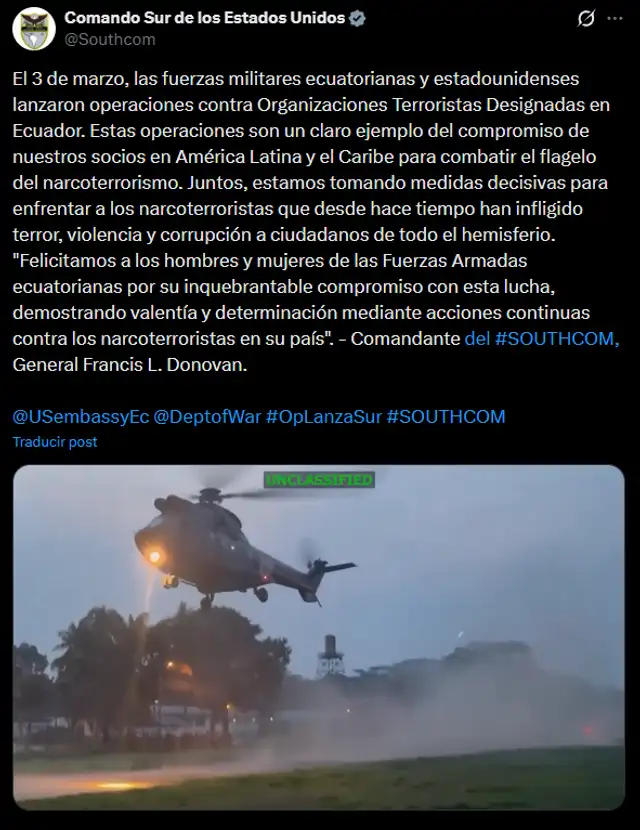  Comunicado del Comando Sur de los Estados Unidos. Foto: X   