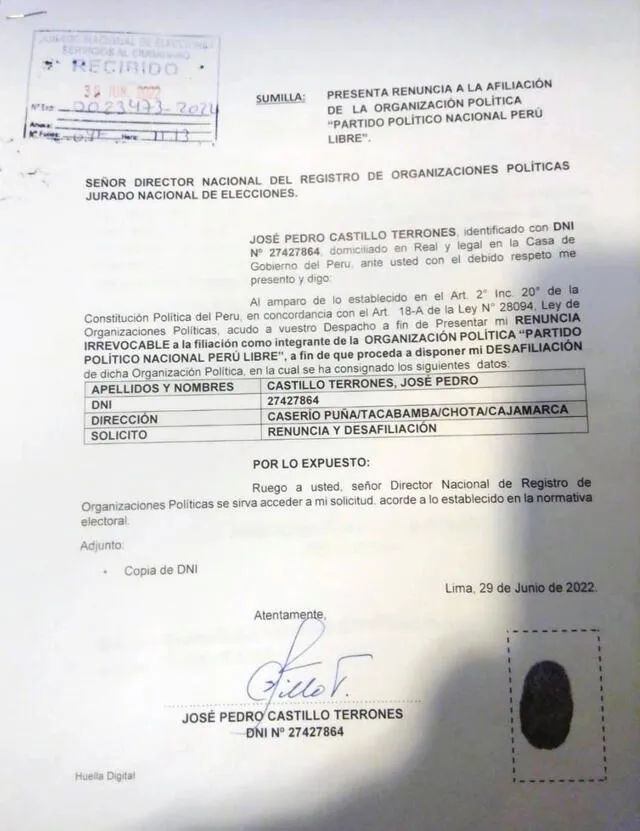 Pedro Castillo renunció a Perú Libre