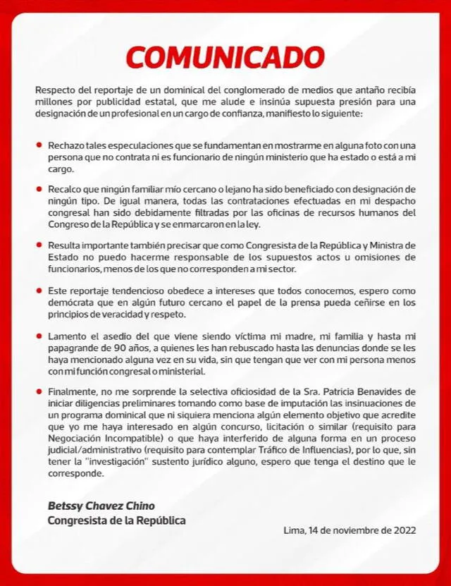 Betssy Chávez respondió sobre investigación en su contra. Foto: Captura Twitter