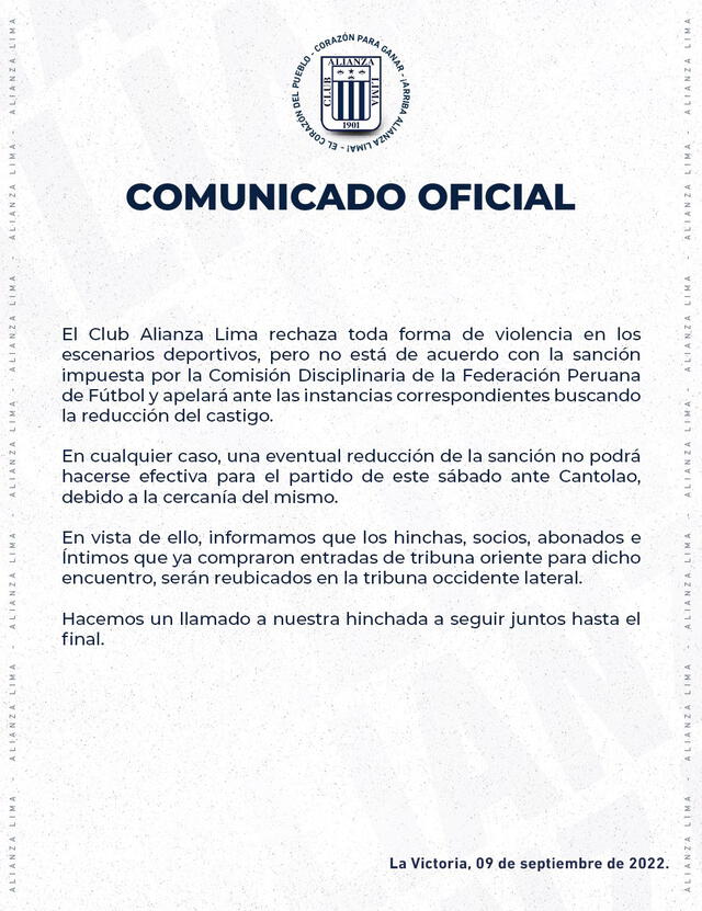 Comunicado de Alianza Lima. Foto: Alianza Lima