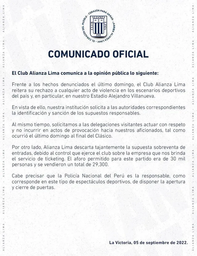 Comunicado de Alianza Lima. Foto: Twitter/Alianza Lima