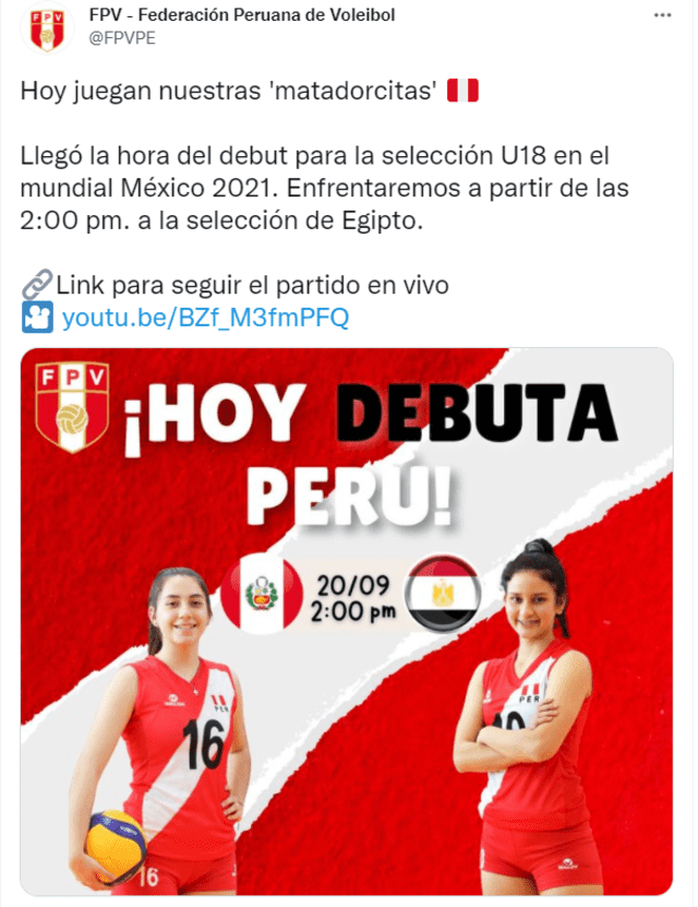 El equipo sub-18 de la selección peruana de vóley femenino juega ante Egipto. Foto: captura Twitter