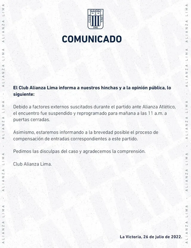 Comunicado del club íntimo. Foto: Alianza Lima