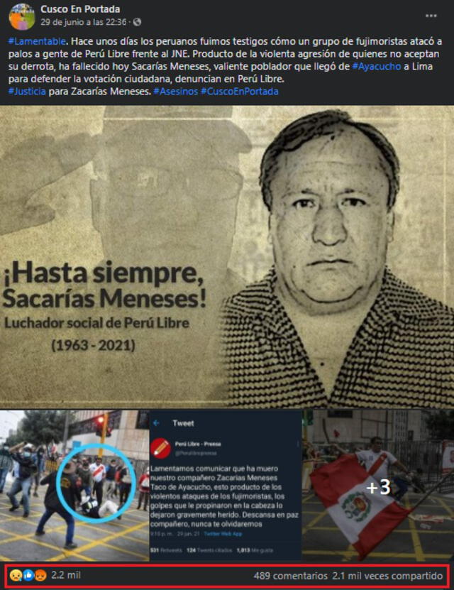 Publicación viralizada en Facebook que responsabiliza a grupo fujimorista por el fallecimiento de Meneses Taco. Foto: Captura Facebook. Publicación viralizada en Facebook que responsabiliza a grupo fujimorista por el fallecimiento de Meneses Taco. Foto: Captura Facebook.