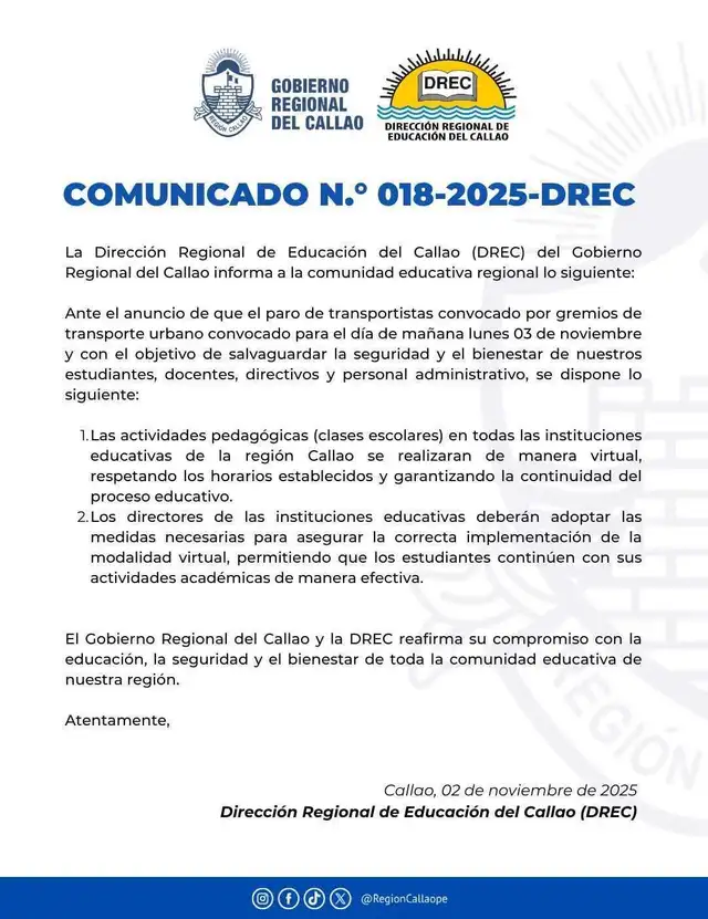 Suspensión de clases en Callao por paro de transporte. Foto: DRE Callao