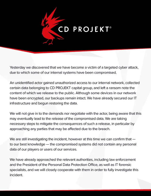 Comunicado emitido por el estudio polaco. Foto: Twitter / @CDProjektRed