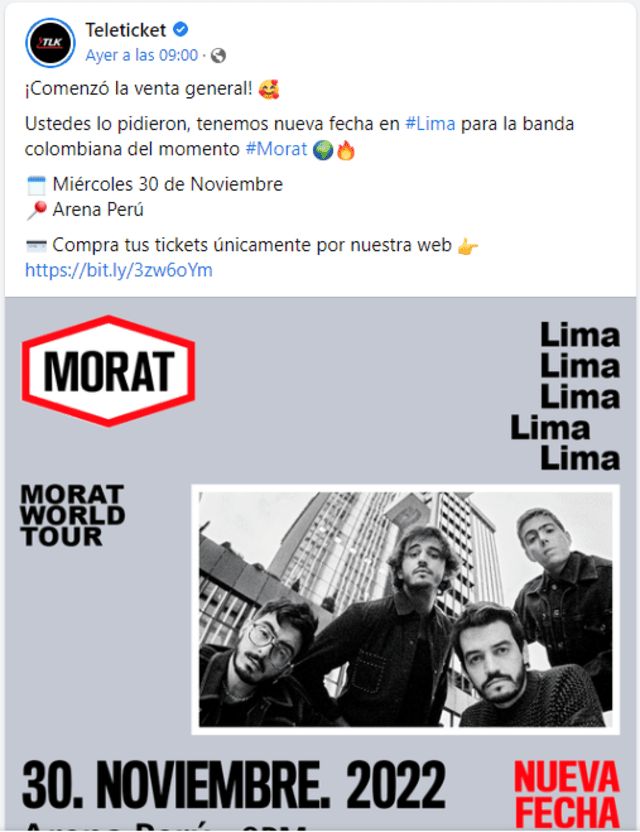 Morat tocará ambas fechas en el Arena Perú del Jockey Club de Perú. Foto: Facebook